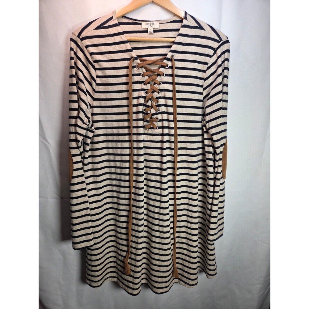 Umgee Tan Navy Striped Lace Up Tie Front Dress‎ Elbow Patches Woman's Medium